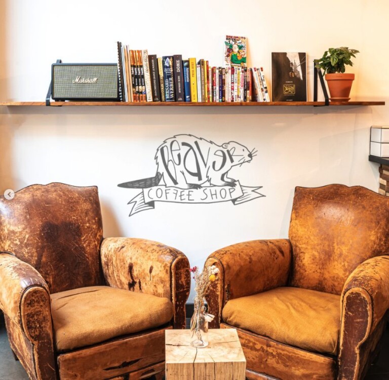 Coin lecture du coffee shop Lyon 2, fauteuils club et étagère de livres